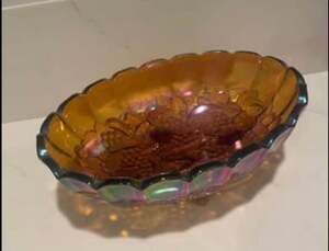 Vintage Indiana Glass Company Amber Carnival glass footed bowl in the Harvest Gr